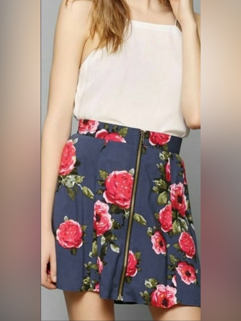 Floral Skater Skirt XS Blue Rose Zip Front Mini UO Y2K